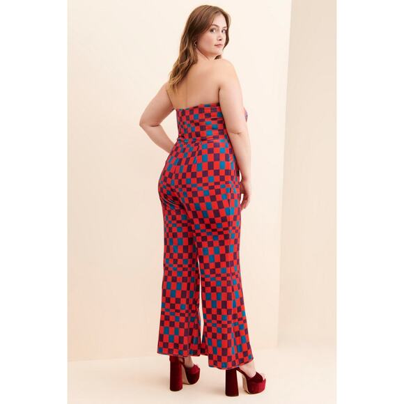 Hutch Velvet Check Bright Colored Wide Leg Strapless Jumpsuit Size 16W - Picture 2 of 16